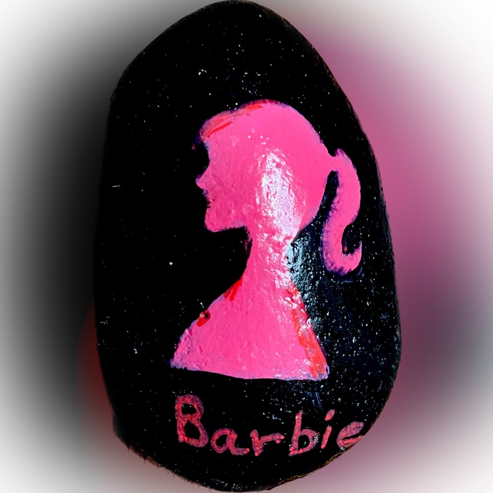 Hand crafted painted pink silhouette Barbie rock black background 2x3 inches